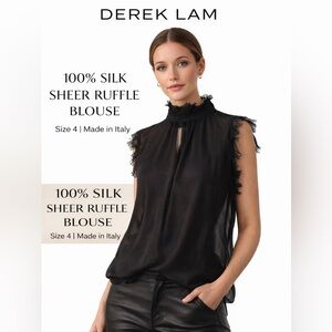 Derek Lam Runway 100% Silk Sheer Ruffle Blouse Black | Size 4 | Made in Italy